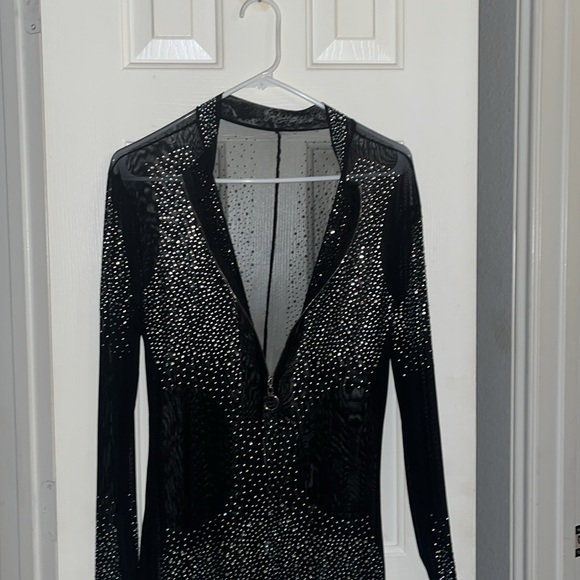 Women’s long sleeve, biker short, 1 piece sheer bodysuit with rhinestones - Picture 8 of 16